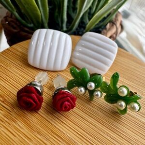 3 Pair Vintage Earrings Lucite and Fabric, Avon Marked, Gold and Silver Tone